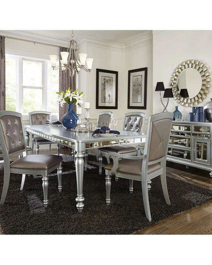 Glistening Silver Dining Ensemble with Crystal-Accented Tufted Chairs