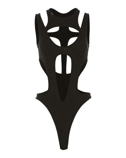 Edgy Backless Techwear Bodysuit - Y2K Grunge Hollowed Slim Fit Top for Women