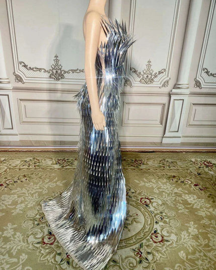 Glamorous Silver Sequin Tube Maxi Gown with Elegant Train