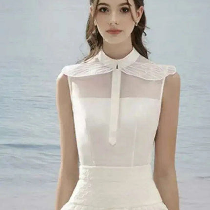 Sleeveless Blazer with Lace Long Skirt and Elegant Hollow Out Details