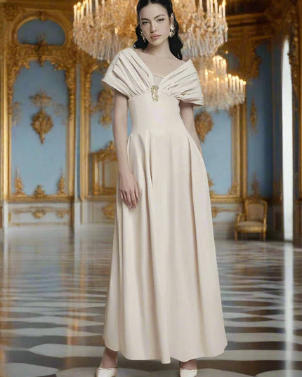 Puff Sleeve V-neck Pleated Swing Dress - Sophisticated Evening Party Attire