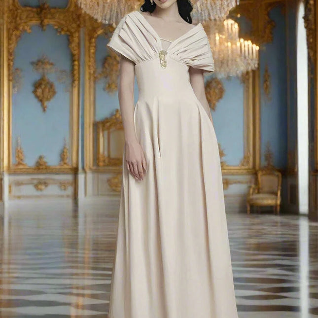 Puff Sleeve V-neck Pleated Swing Dress - Sophisticated Evening Party Attire
