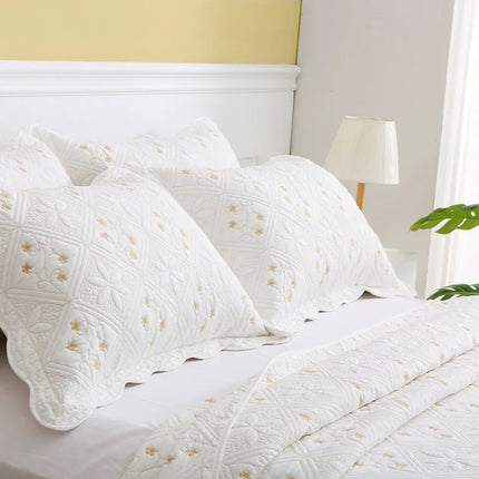 Plum Floral Embroidery Quilted Bedspread Set – 3-Piece 100% Cotton