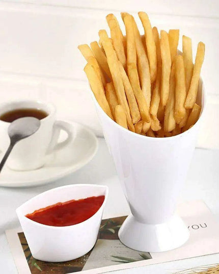 French Fry and Dipping Sauce Stand - Chic White Snack Holder Duo