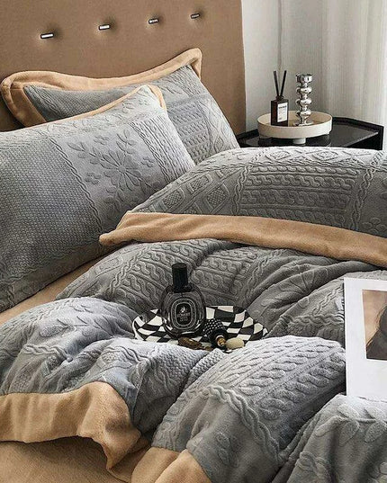 Opulent Grey Velvet Fleece Bedding Set with Luxurious 3D Embossed Duvet Cover and Pillowcases
