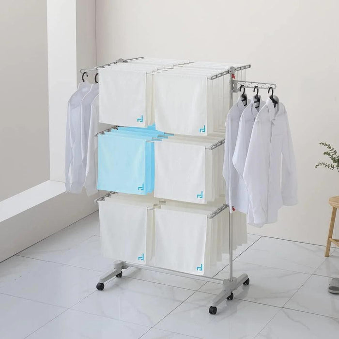 Mobile 3-Tier Clothes Drying Rack - 48 Rods, Stainless Steel, Easy Assembly, Portable, Ideal for Laundry, Quilts, Delicates