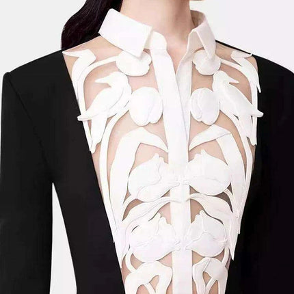 Floral Cut-Out Contrast Mini Dress with Lapel Detail for Women