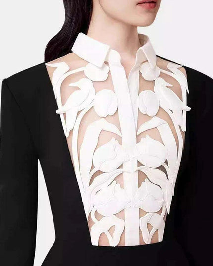 Floral Cut-Out Contrast Mini Dress with Lapel Detail for Women