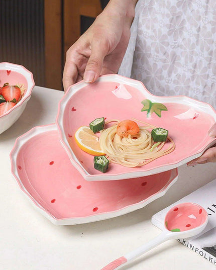 Strawberry Delight Dining Ensemble: Bowl, Spoon, and Plate Set