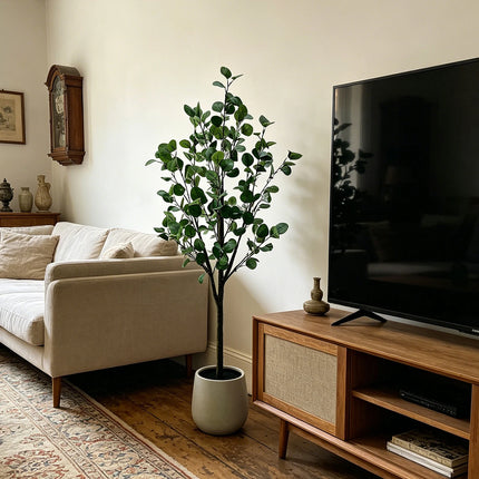 Artificial Eucalyptus Tree With Wicker Basket And Black Pot Indoor Gre