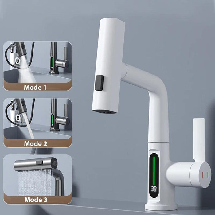 Waterfall Temperature Digital Display Basin Faucet with Lift Up/Down Stream Sprayer