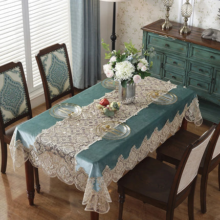 JD Heart Luxury Blue Golden Velvet Rectangle Tablecloth with Lace Trim