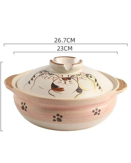 Elegant Japanese Cat-Themed Ceramic Stew Pot with Comfortable Double Ear Handles for Gourmet Cooking