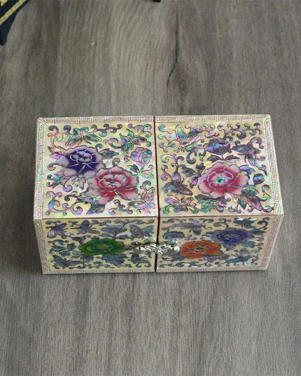 Opulent Mother of Pearl Jewelry Organizer with Butterfly and Peony Design - 4 Spacious Drawers
