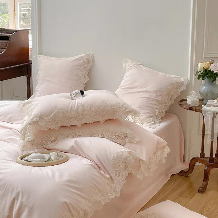 Chic Light Pink Lace Embroidered Royal Quilt Set - Luxurious Egyptian Cotton Duvet Cover with Matching Bed Sheet & Pillowcases in Korean Design