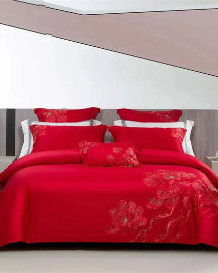 Elegant Floral Embroidered 1400TC Egyptian Cotton 4-Piece Duvet Cover and Sheet Set with Pillowcases