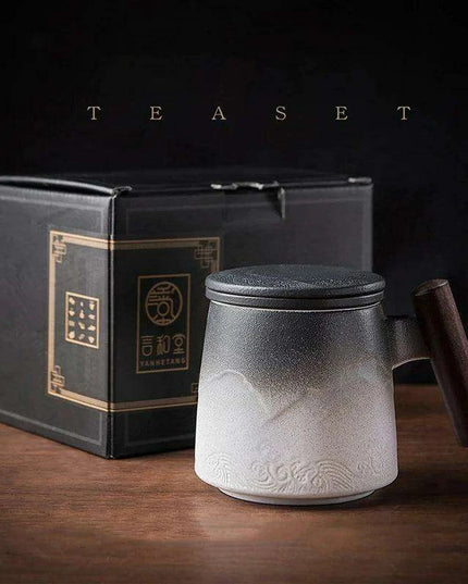 Elegant Vintage Ceramic Tea Mug Collection with Wooden Handle and Infuser Tray