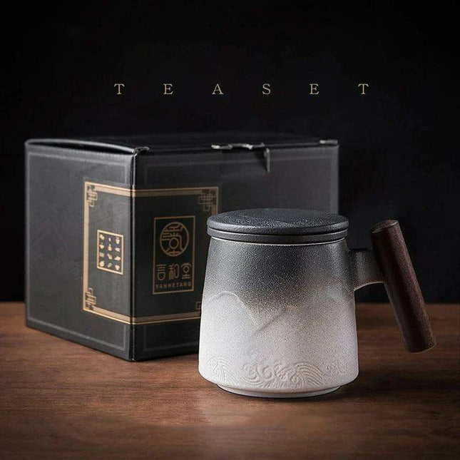 Elegant Vintage Ceramic Tea Mug Collection with Wooden Handle and Infuser Tray