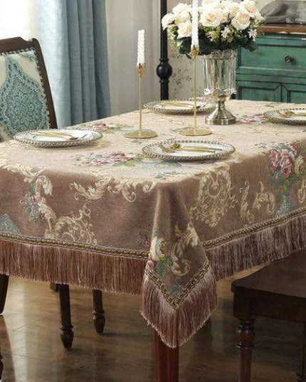 Chic Chenille Tablecloth with Decorative Floral Tassels for Upscale Dining Settings