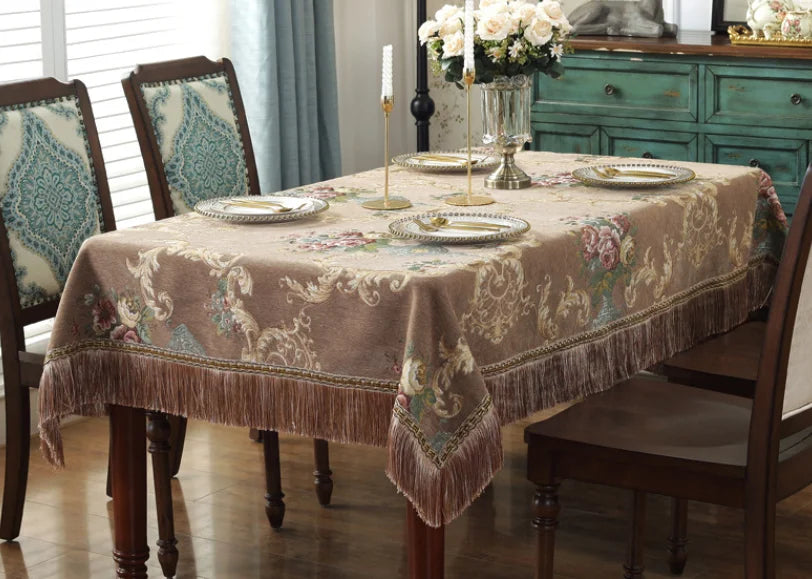 Sophisticated European Chenille Tablecloth with Flower Tassels