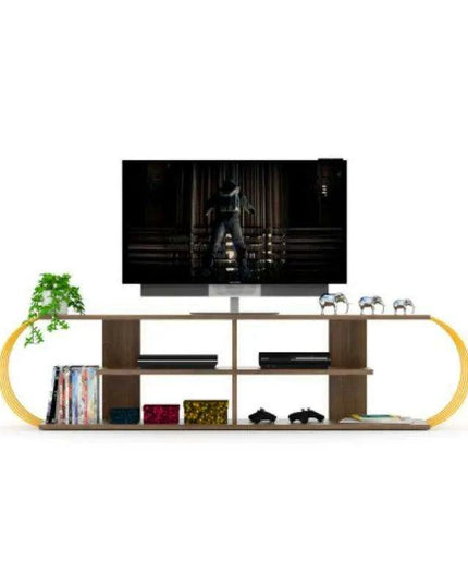 Retro-Inspired 68-Inch Walnut and Yellow Media Stand with Open Shelves by FurnisHome