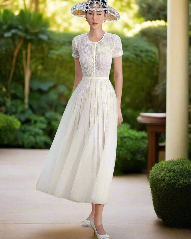 Stylish Hollow Embroidered Pleated Evening Gown for Women