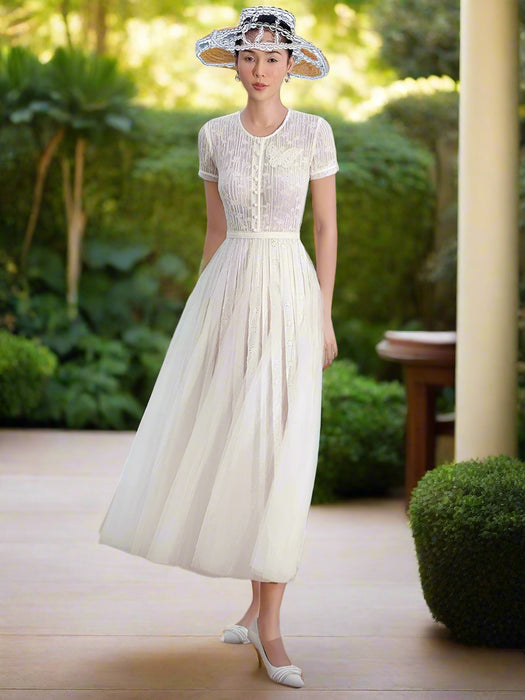 Stylish Hollow Embroidered Pleated Evening Gown for Women