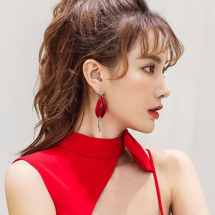 Honeypotson SU-SU Rose Petal Long Earrings - Elegant Red Design