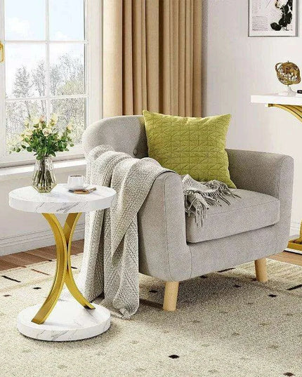 Chic Gold and White Faux Marble Side Table with Modern C-Frame Design