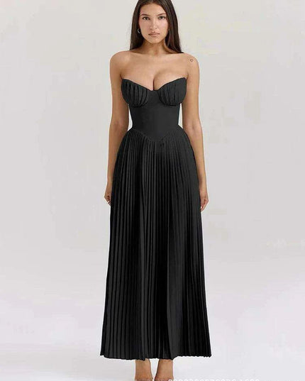 Glamorous Off-Shoulder High Waist Pleated Maxi Dress - Backless Bodycon Long Gown for Women