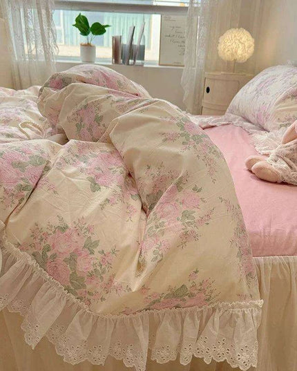 Elegant Floral Lace Ruffled Cotton Bedding Collection with Duvet Cover, Bed Skirt, Fitted Sheet, and Pillowcases