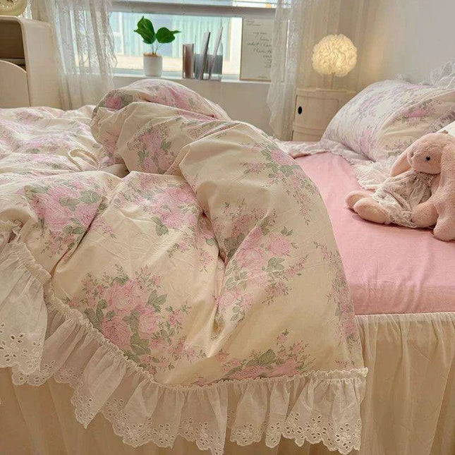Elegant Floral Lace Ruffled Cotton Bedding Collection with Duvet Cover, Bed Skirt, Fitted Sheet, and Pillowcases
