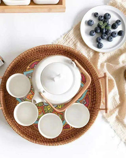 Elegant Handwoven Rattan Serving Tray with Wooden Handles for Stylish Hosting