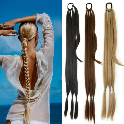 Chic Braided Ponytail Extension Set - Black & Brown Heat-Resistant Synthetic Hair Tie