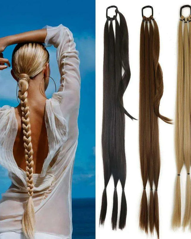 Chic Braided Ponytail Extension Set - Black & Brown Heat-Resistant Synthetic Hair Tie