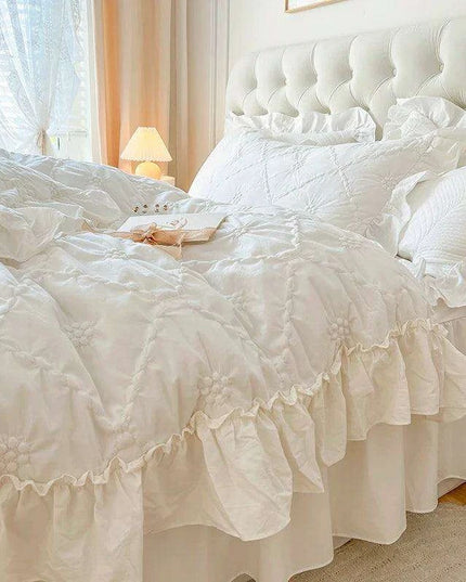 100% Cotton Ruffle Korean Princess Solid White Bedding Sets