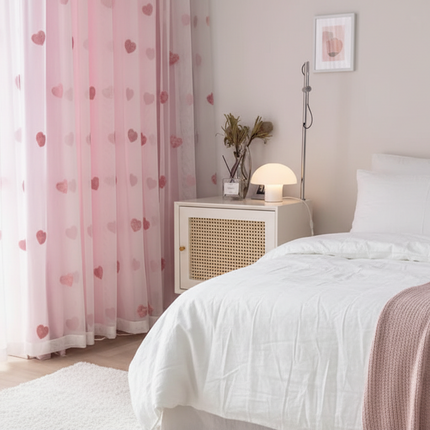 Korean Pink Love Embroidery Blackout Curtains – Tulle & Double Layer, Girls’ Room