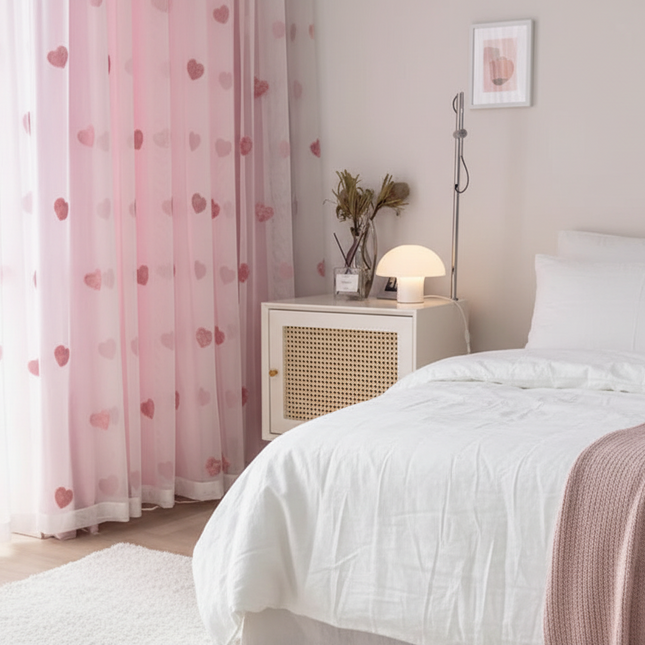 Korean Pink Love Embroidery Blackout Curtains – Tulle & Double Layer, Girls’ Room