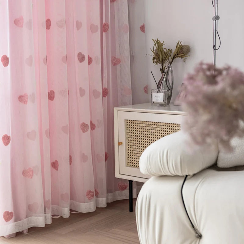 Korean Pink Love Embroidery Blackout Curtains – Tulle & Double Layer, Girls’ Room