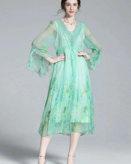 Chic V-neck A-line Dress in Luxurious French Silk with Flared Sleeves