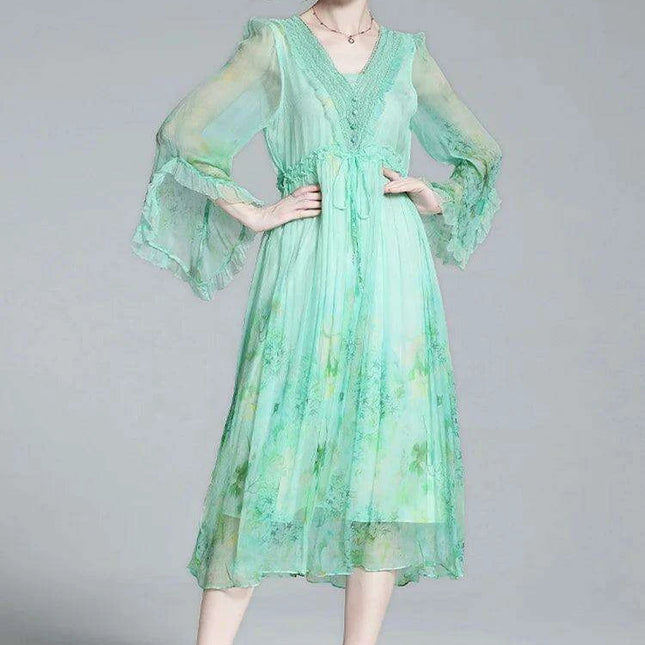 Chic V-neck A-line Dress in Luxurious French Silk with Flared Sleeves