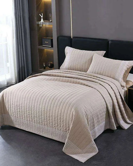 Khaki Embroidered Cotton Quilt Set - Luxurious 3-Piece King Size Bedspread with Matching Pillow Shams
