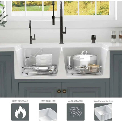33-Inch Stylish Double Bowl Fireclay Farmhouse Sink with Reversible Apron Front by HausinLuck - Elegant White Design