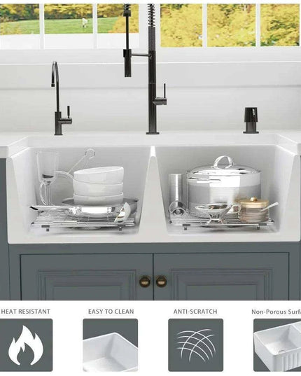 33-Inch Stylish Double Bowl Fireclay Farmhouse Sink with Reversible Apron Front by HausinLuck - Elegant White Design