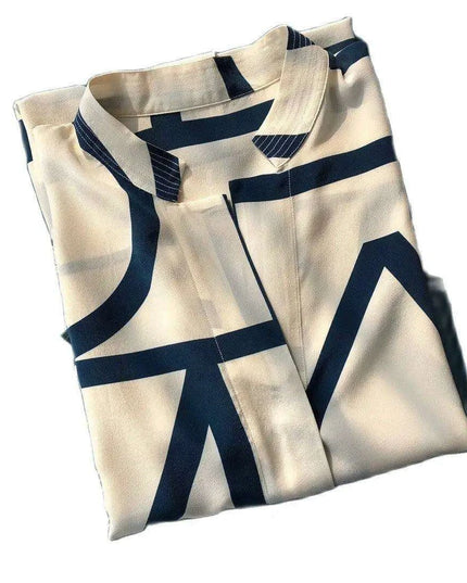 Chic Geometric Print Mulberry Silk Midi Shirt Dress