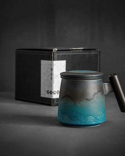 Elegant Vintage Ceramic Tea Mug Collection with Wooden Handle and Infuser Tray
