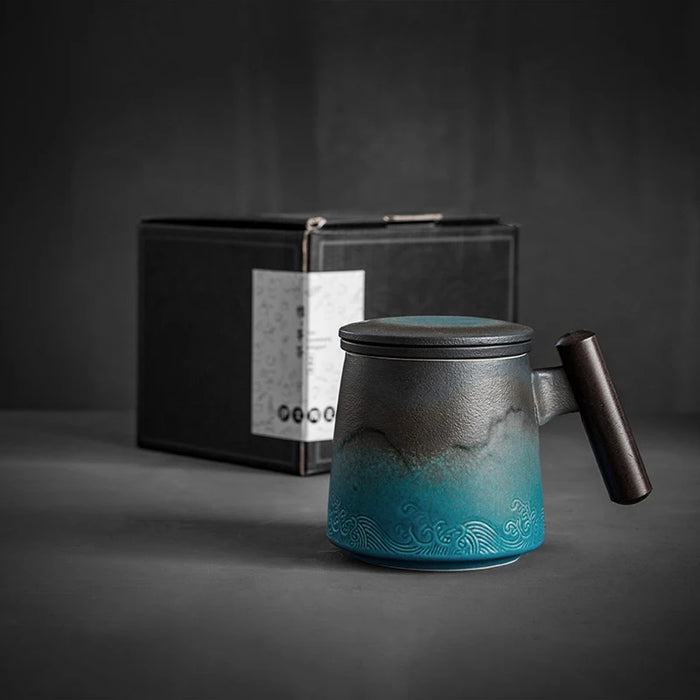 Elegant Vintage Ceramic Tea Mug Set with Wooden Handle and Infuser Tray