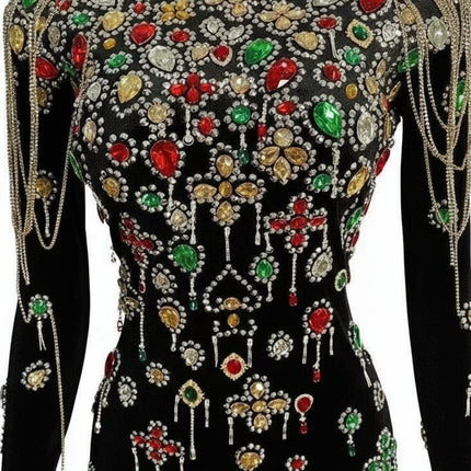 Elegant Black Velvet Evening Gown with Dazzling Crystal Details