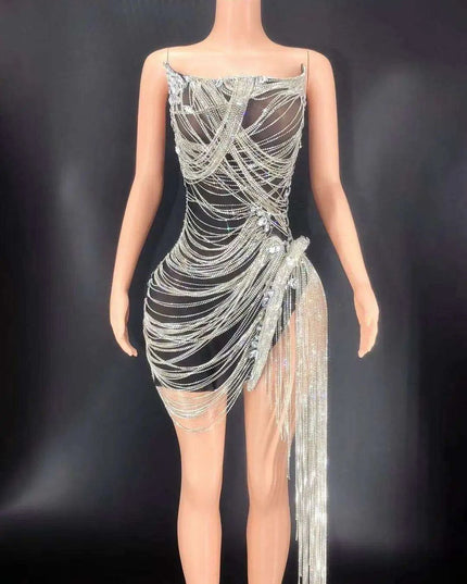 Celestial Elegance Strapless Mini Dress with Dance-Ready Tassels