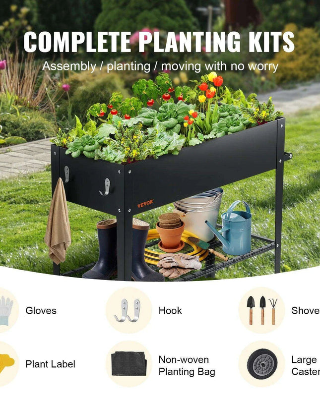 Mobile Steel Elevated Garden Bed with Drainage and Complete Gardening Kit